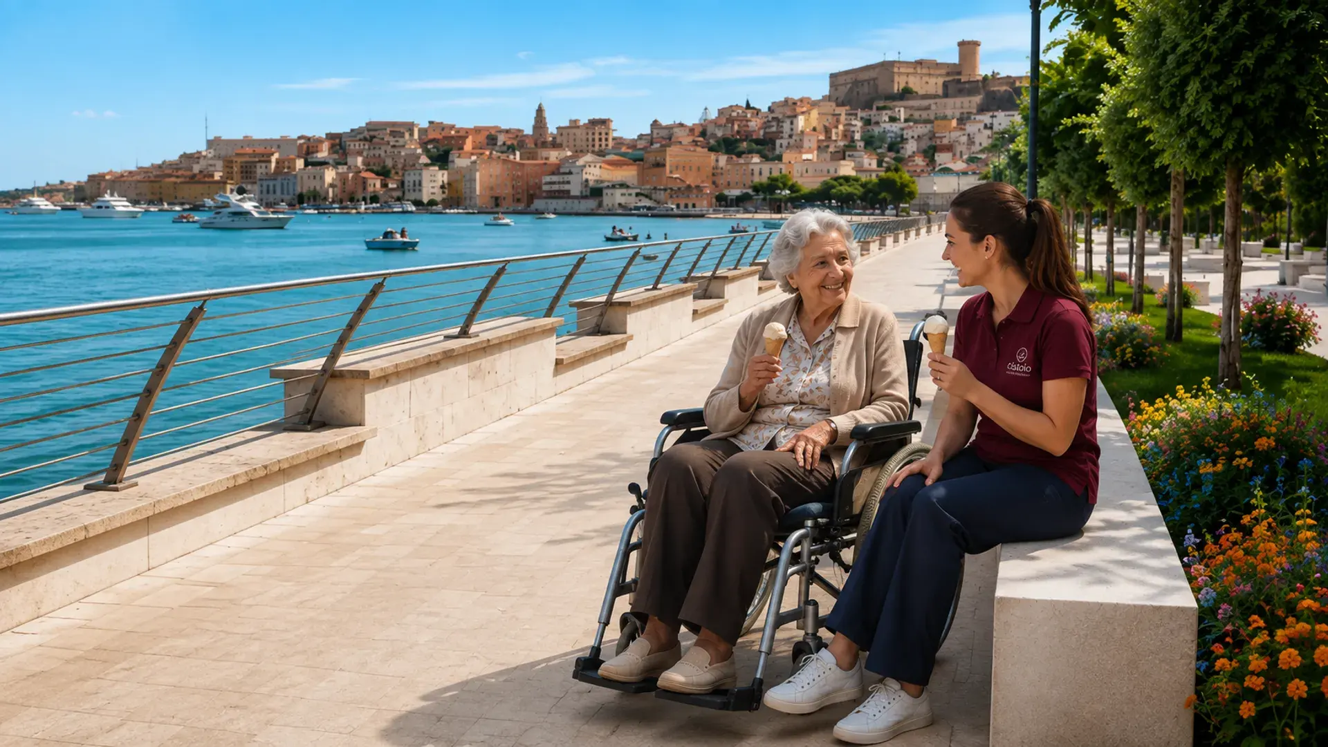 Una donna anziana in carrozzina gusta un gelato in riva al mare a Gaeta insieme alla persona di fiducia che le tiene compagnia, con il centro storico sullo sfondo.