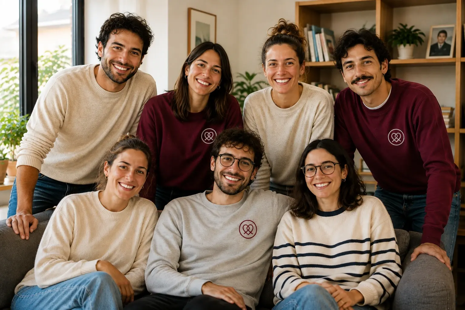 Il gruppo di persone di Ci sto io, sorridenti, riunite in un salotto, alcune con indosso una felpa con il logo del marchio.