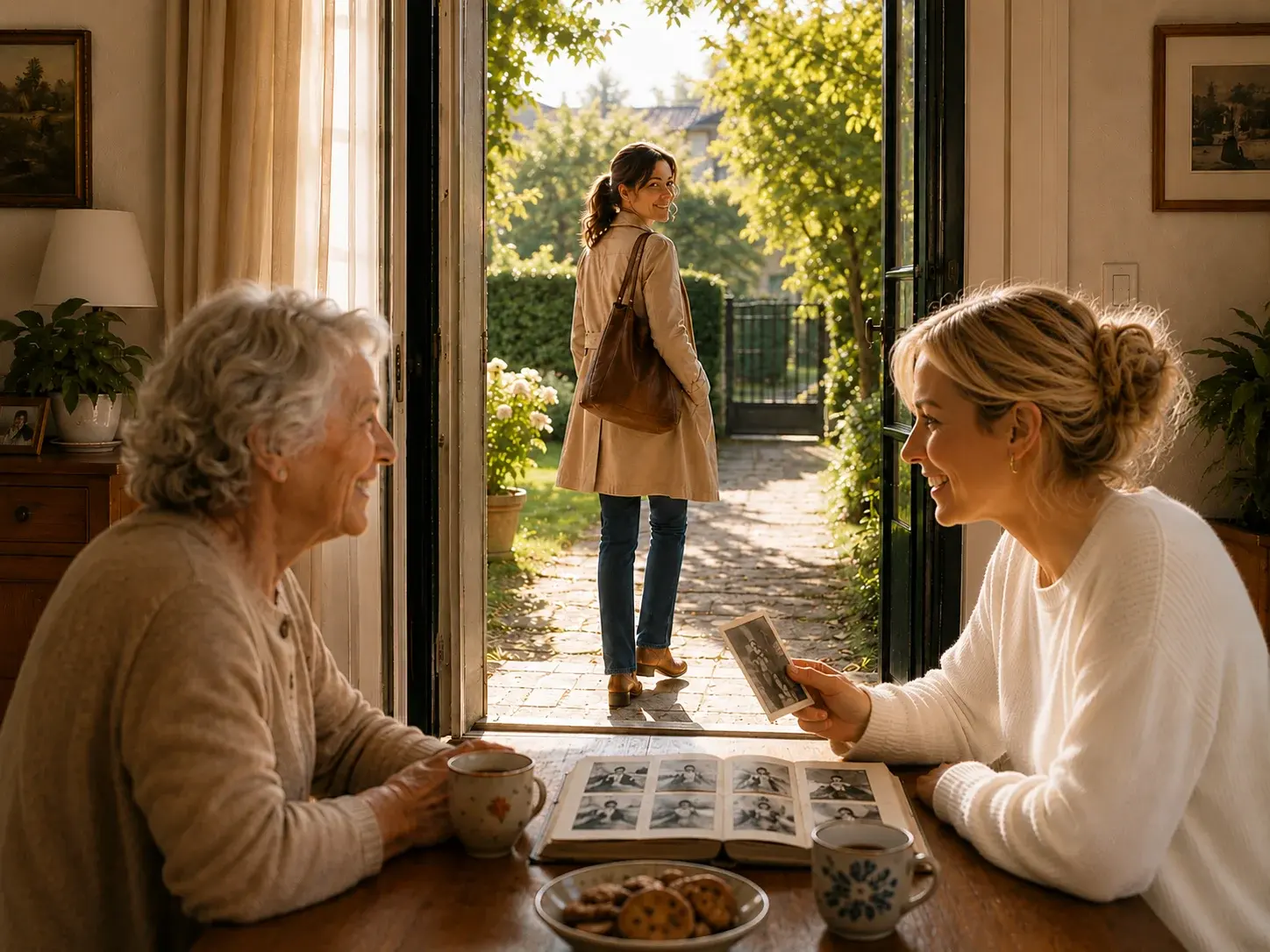 Una figlia sorridente esce di casa e si volta a salutare, mentre in salotto la madre anziana condivide un momento sereno con la persona di fiducia che le tiene compagnia.