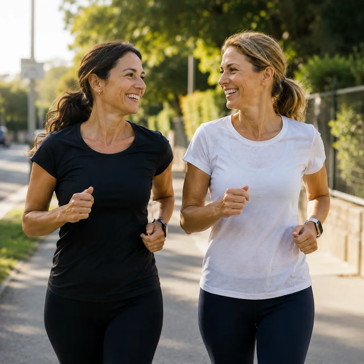 Due amiche corrono insieme sorridenti in un vialetto alberato, un momento di leggerezza e serenità ritrovata.