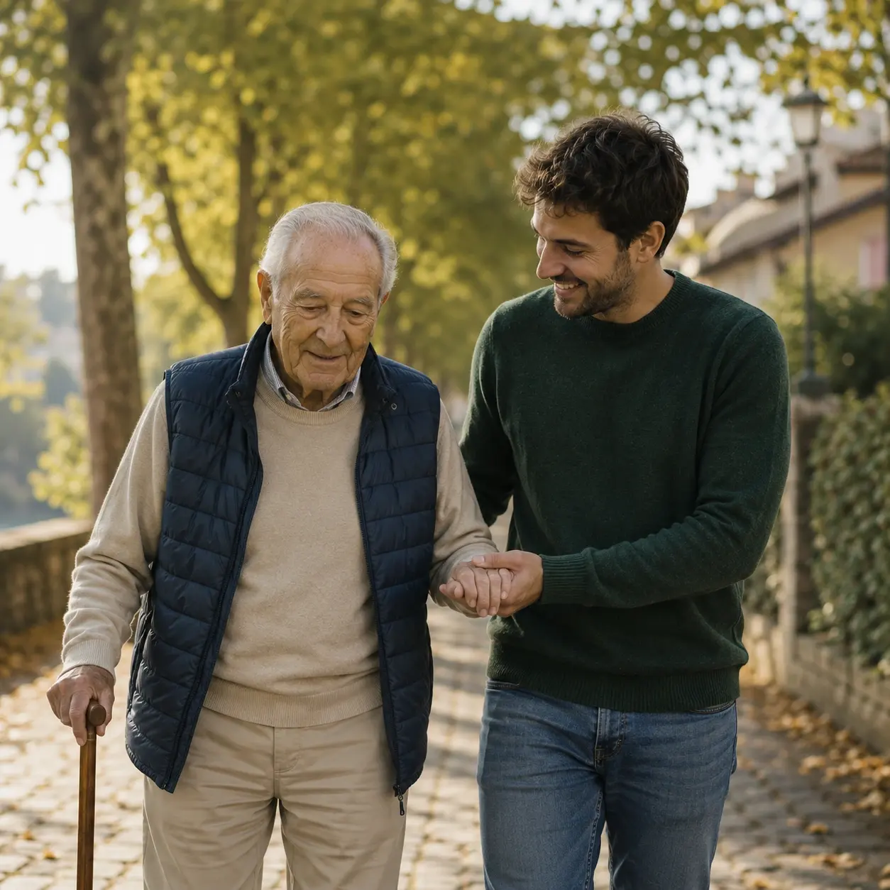 Un uomo anziano cammina con un bastone appoggiandosi al braccio di un uomo più giovane, sorridenti, lungo un viale alberato.