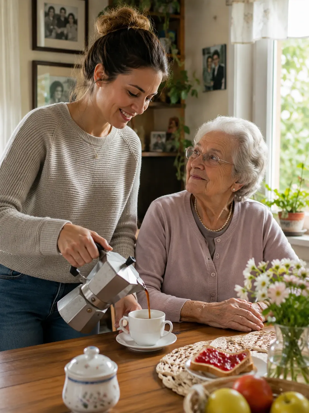 Una giovane donna versa il caffè alla nonna sorridente, seduta a tavola per la colazione in una cucina luminosa.