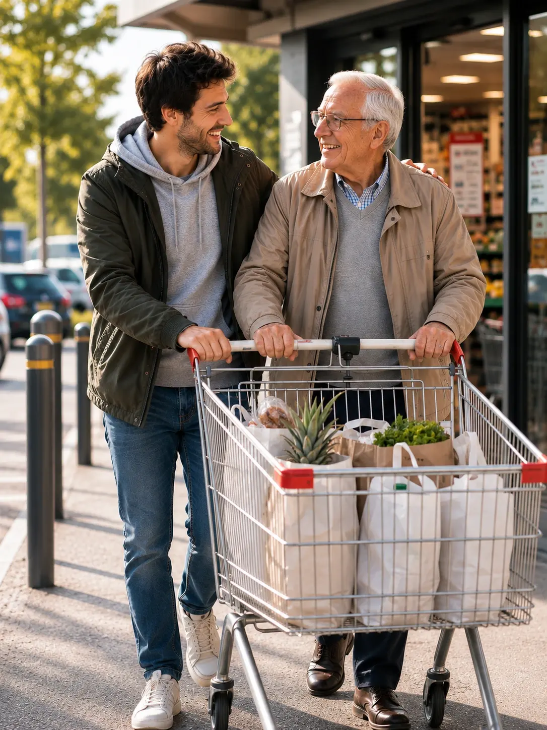 Un uomo anziano e un uomo più giovane sorridono mentre spingono insieme un carrello della spesa fuori da un negozio.